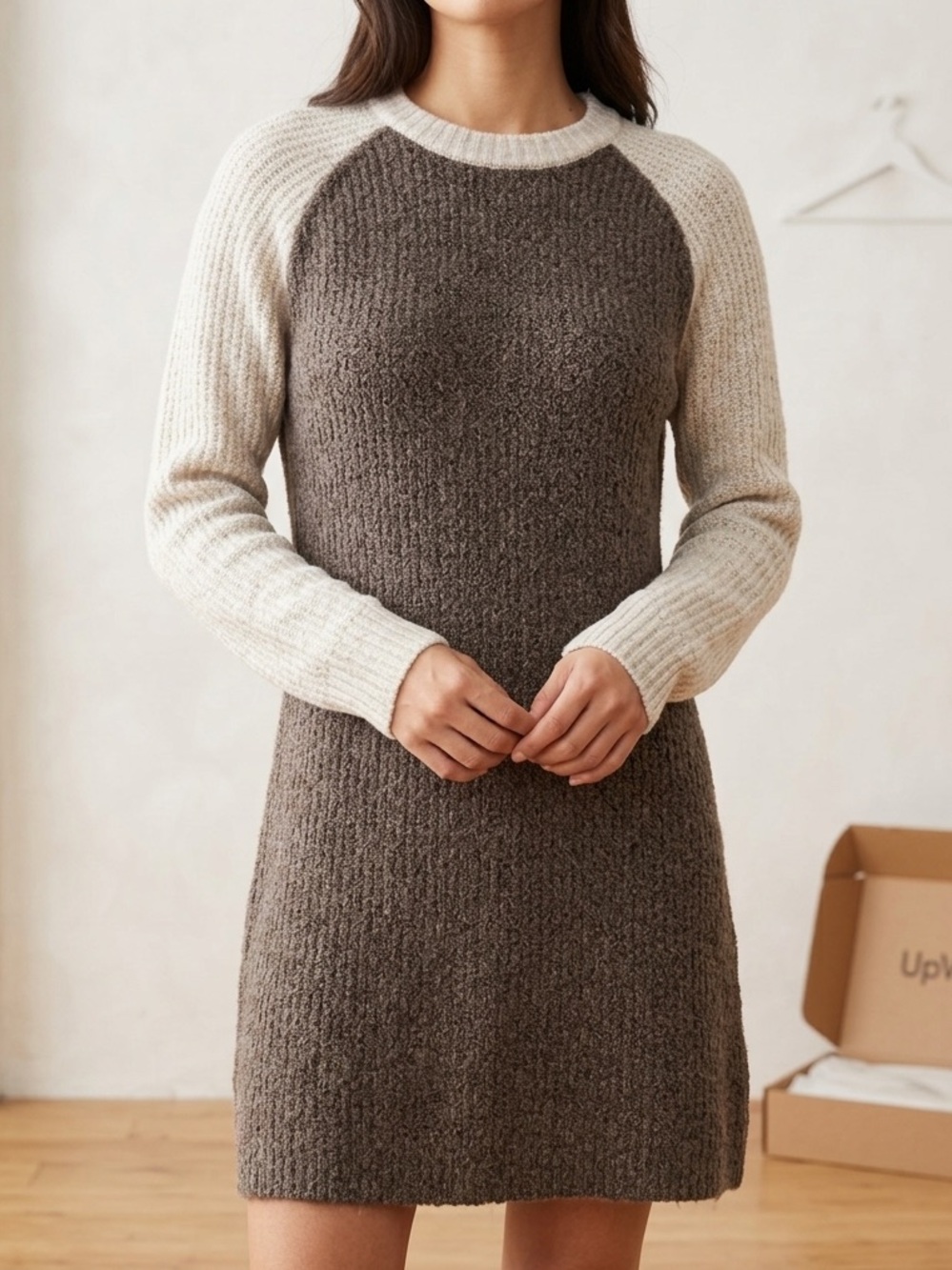 Upwest Chunky Knit Raglan Sleeve Dress in Brown and Cream N128-18